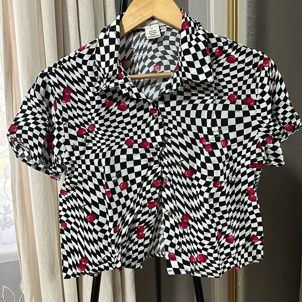 Passport cherry checkered button up, size M, gently used